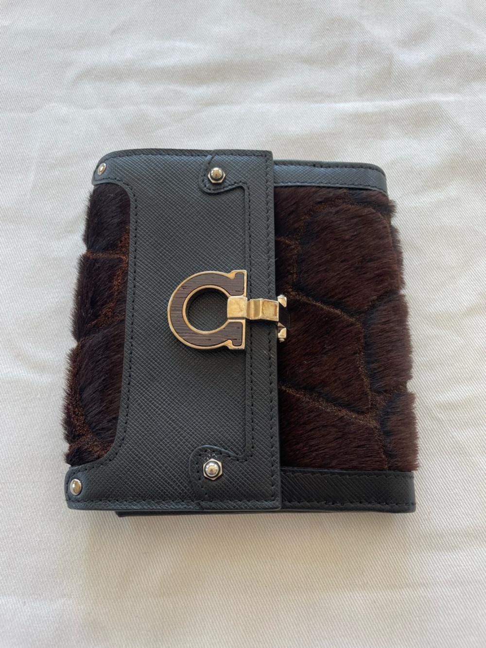 Salvatore Ferragamo Black Leather and Brown Haircalf Wallet with Gold Gancini